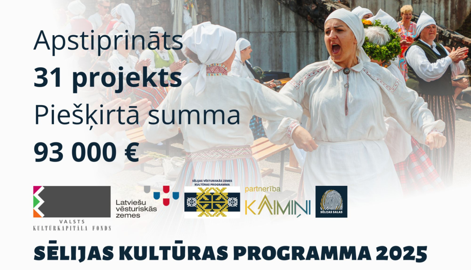 Attēls ar dejojošiem cilvēkiem un tekstu: Apstiprināts 31 projekts, piešķirtā summa 93 000 eiro