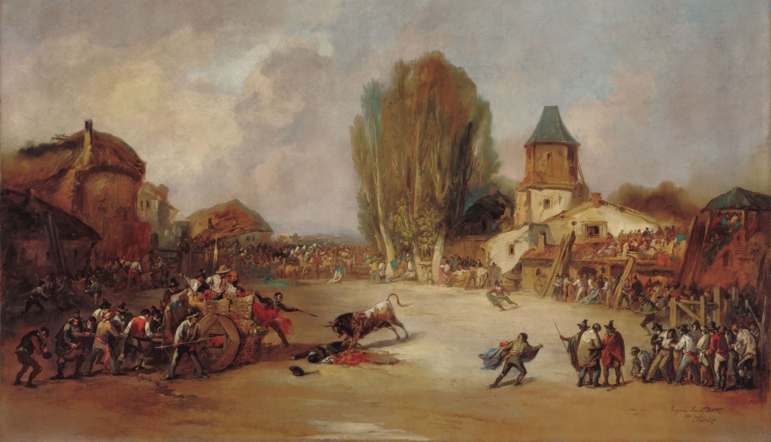 Euhenio Lukass Velaskess (Eugenio Lucas Velázquez, 1817–1879). Nobadīšana līdz nāvei ciemata vēršu cīņās. 1855. Audekls, eļļa. Colección Carmen Thyssen-Bornemisza deponējums Museo Carmen Thyssen Málaga. Publicitātes foto