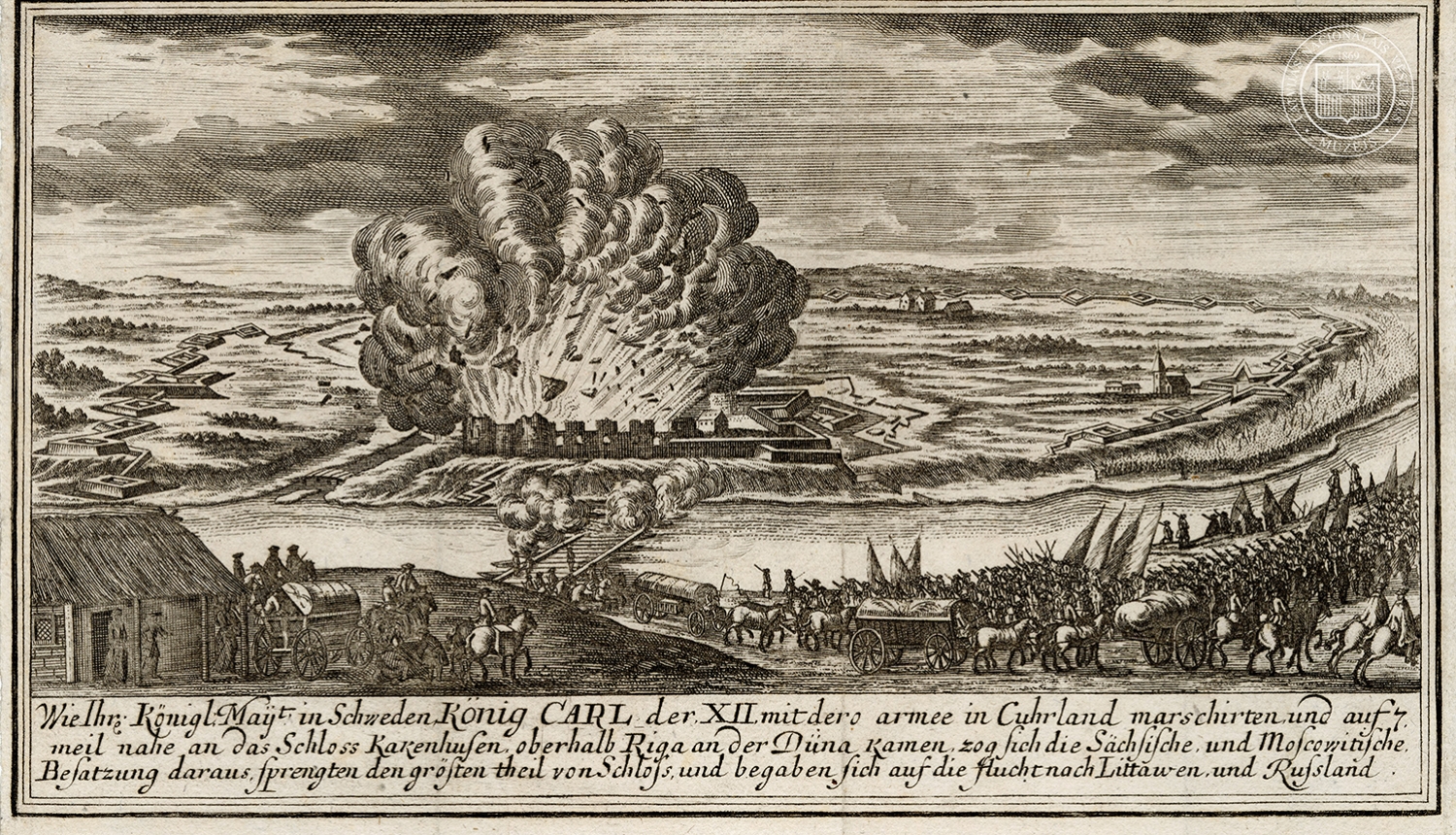 Kokneses pils uzspridzināšana 1701. gada 25. jūlijā. Nezināma autora gravīra pēc Johana Litena zīmējuma. 18. gs. sākums. LNVM krājums