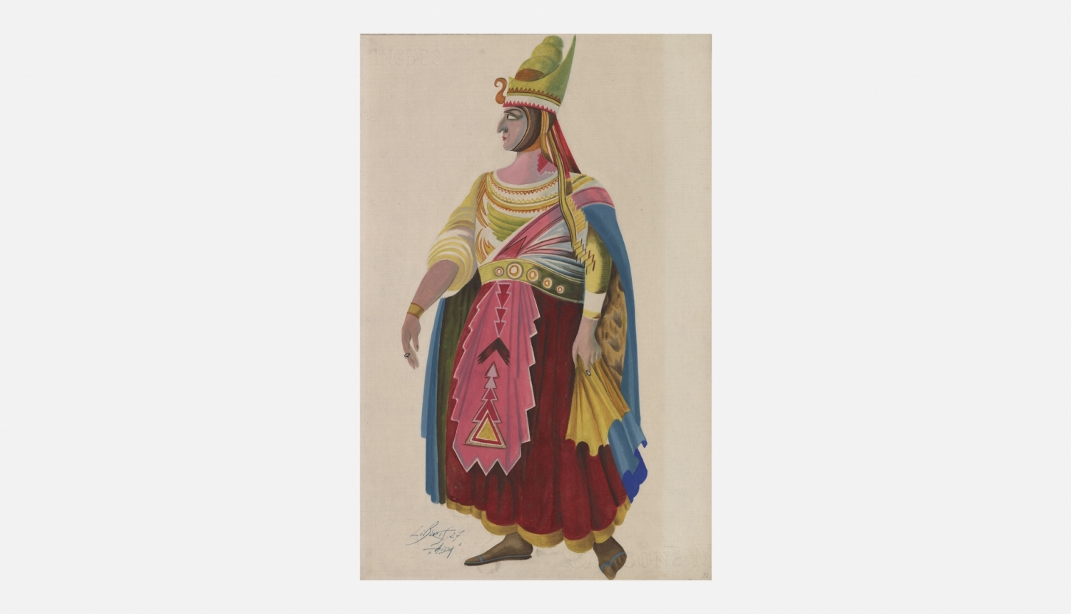 Ludolfs Liberts. Faraons. Kostīma skice Džuzepes Verdi operas “Aīda” iestudējumam Lietuvas Valsts teātrī. 1927. Papīrs, zīmulis, tempera, zelta bronzas krāsa. Rakstniecības un mūzikas muzeja kolekcija. Publicitātes foto