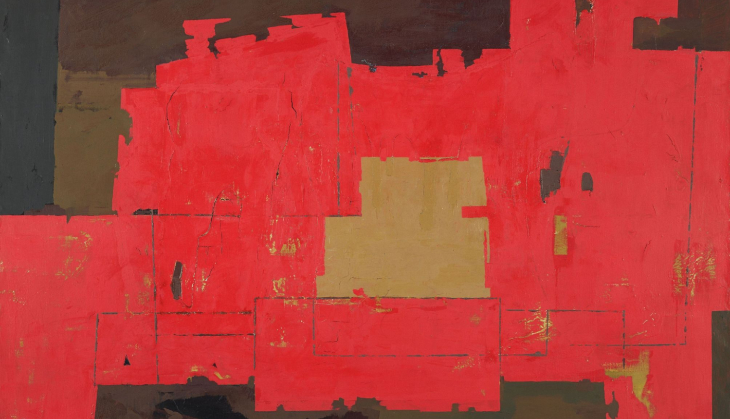 Ojāra Ābola glezna - sarkani, melni un okera krāsas laukumi neregulārā kompozīcijā