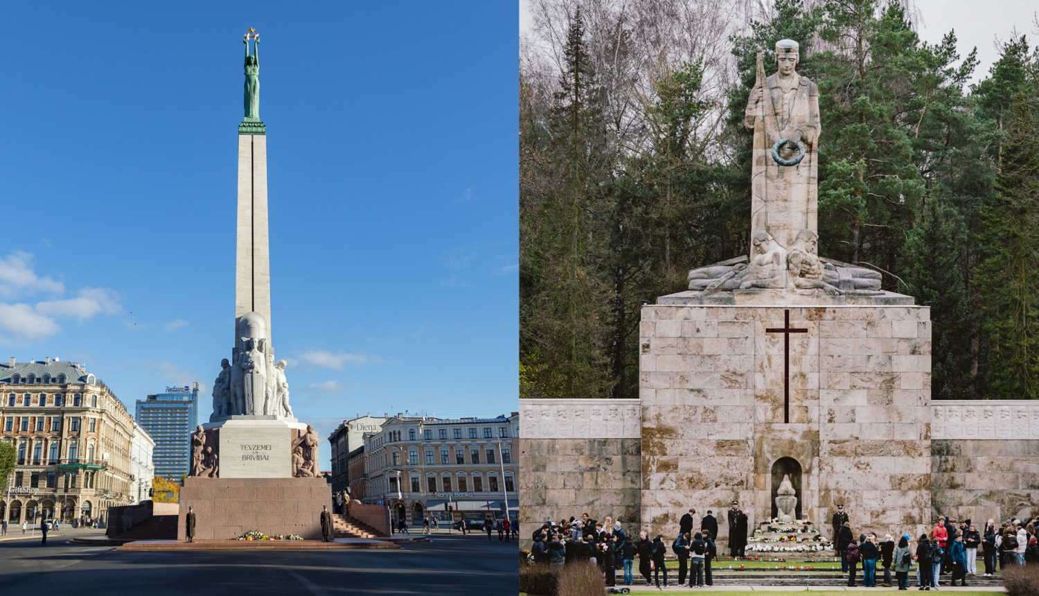 Kolāžas no diviem foto - Brīvības piemineklis un Rīgas Brāļu kapu kapu ansamblis