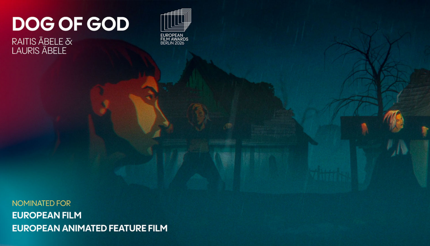 Kadrs no režisoru brāļu Ābeļu animācijas filmas “Dieva suns” - kadrā tumša ainava un vairāki filmas tēli