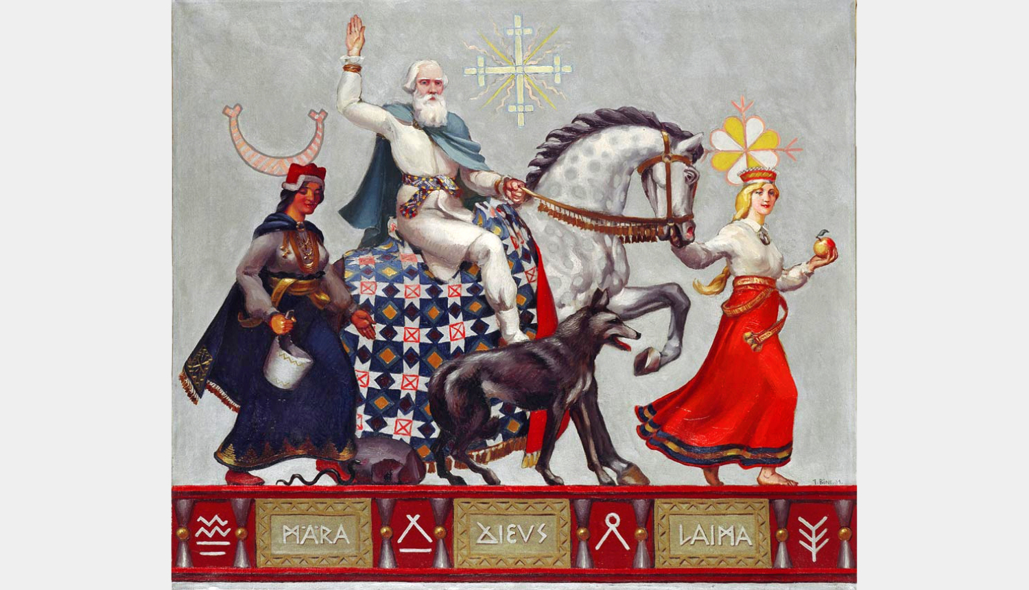 Mākslinieka Jēkaba Bīnes glezna "Dievs, Māra, Laima" (1931), attēlā Laima, Māra un Dievs zirga mugurā