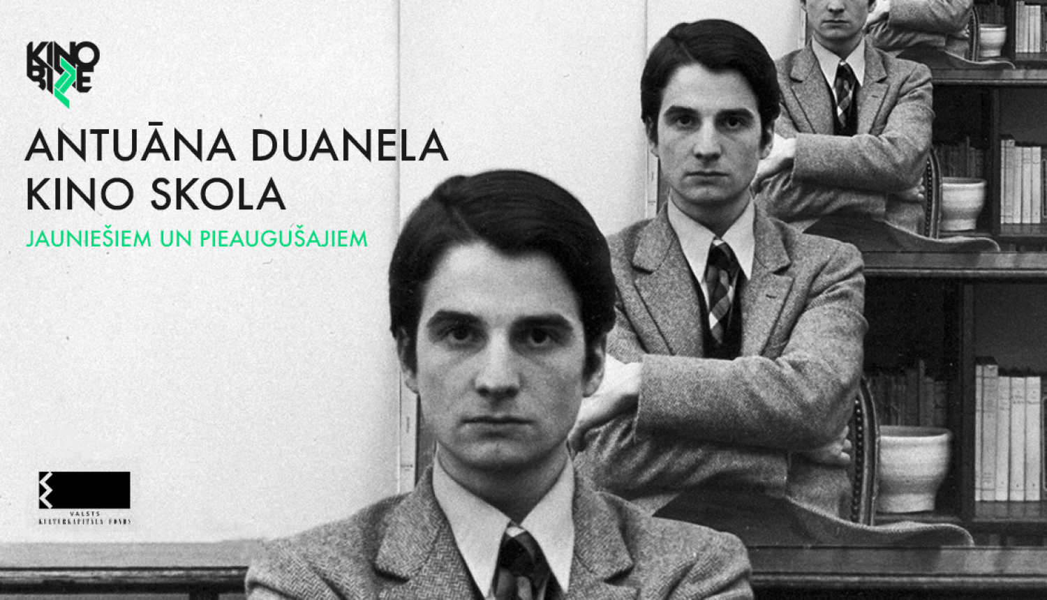 Kadrs ar melnbaltu vīrieša portretu 3 attālumos, uzraksts: Antuāna Duanela Kino skola