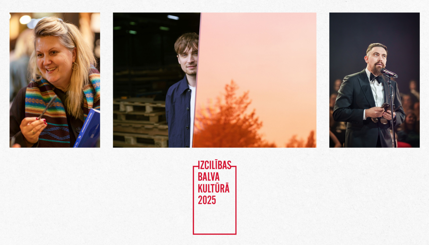 Izcilības balvas kultūrā saņēmēju foto portreti: Inese Monika Korpa, Germans Ermičs un Rihards Zaļupe