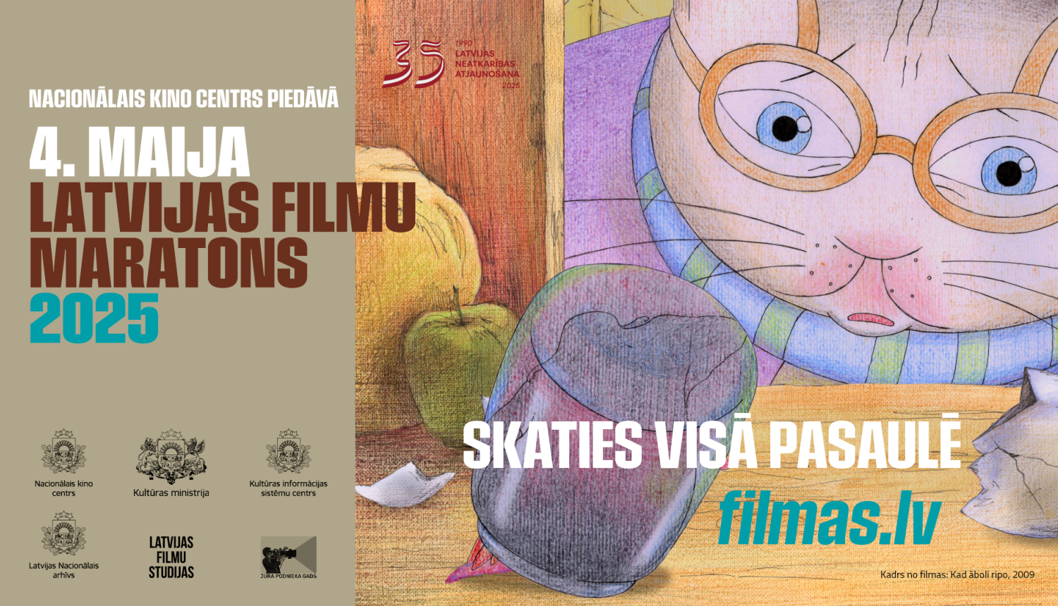Animācijas tēls, kaķis un uzraksts: 4. maija Latvijas filmu maratons 2025