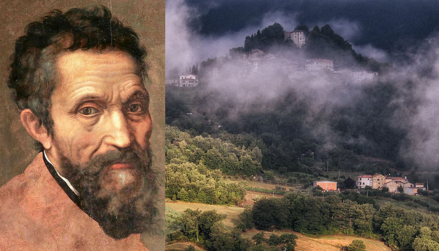 Mikelandželo Buonarroti portrets un glezna, kurā redzama ainava