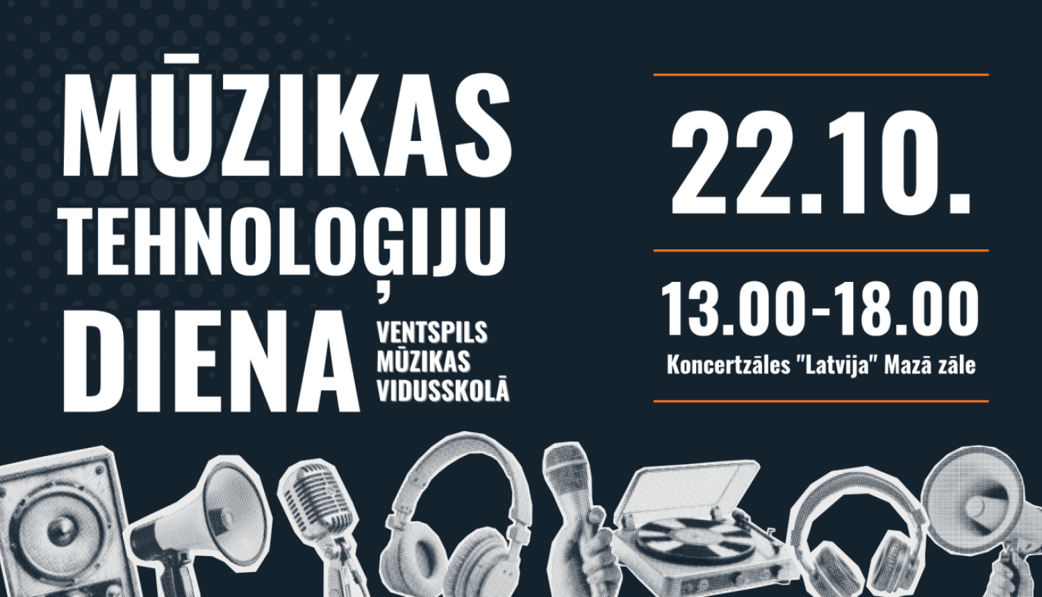 Teksts uz tumši zila fona: Mūzikas tehnoloģiju diena, 22.10.
