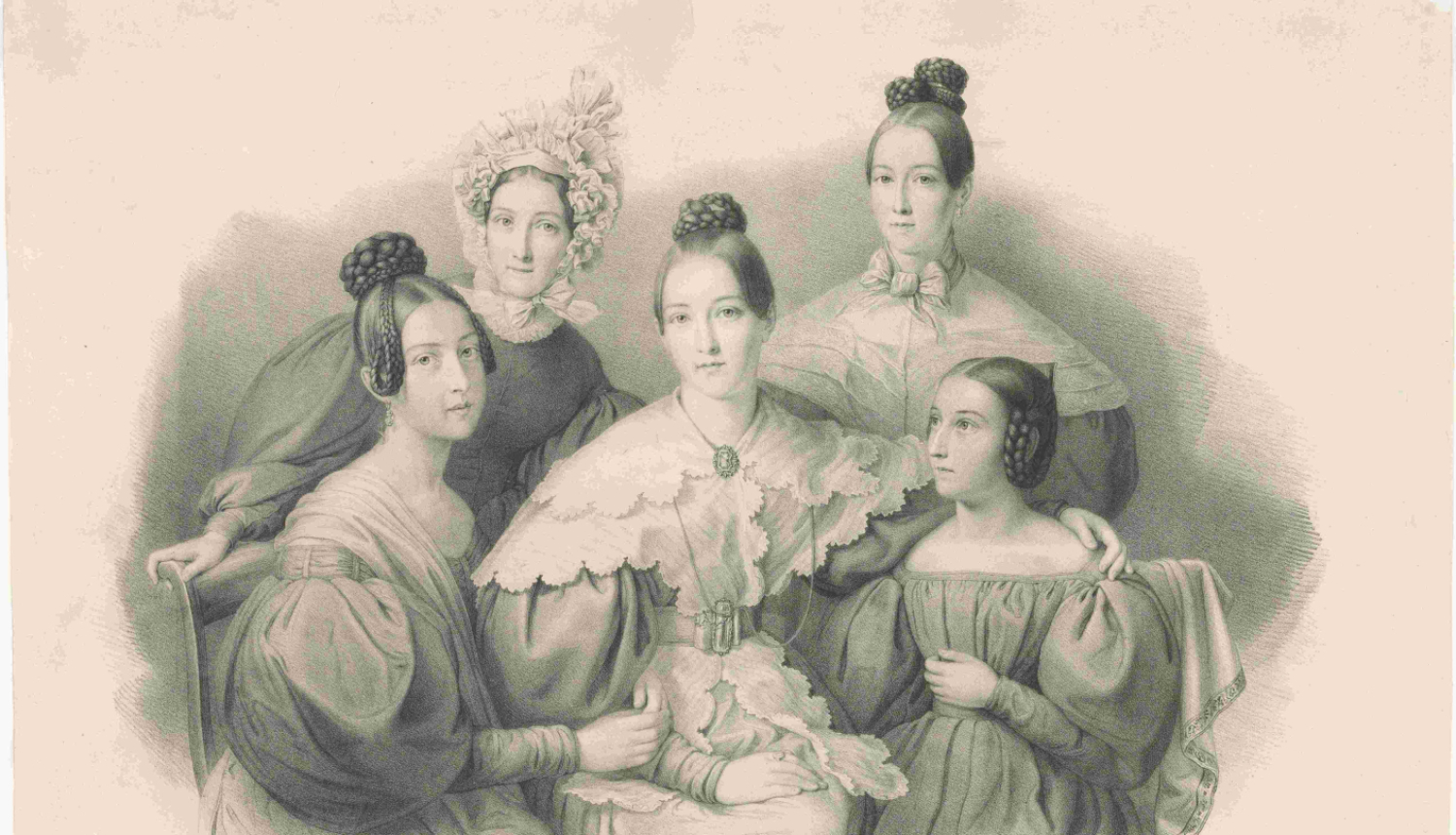 Tirgotāja fon Bergholca ģimene. Litografējis G. Engelmanis, 1835. gads. No RVKM krājuma. Litogrāfija apskatāma muzeja pastāvīgajā ekspozīcijā Kolonnu zālē.