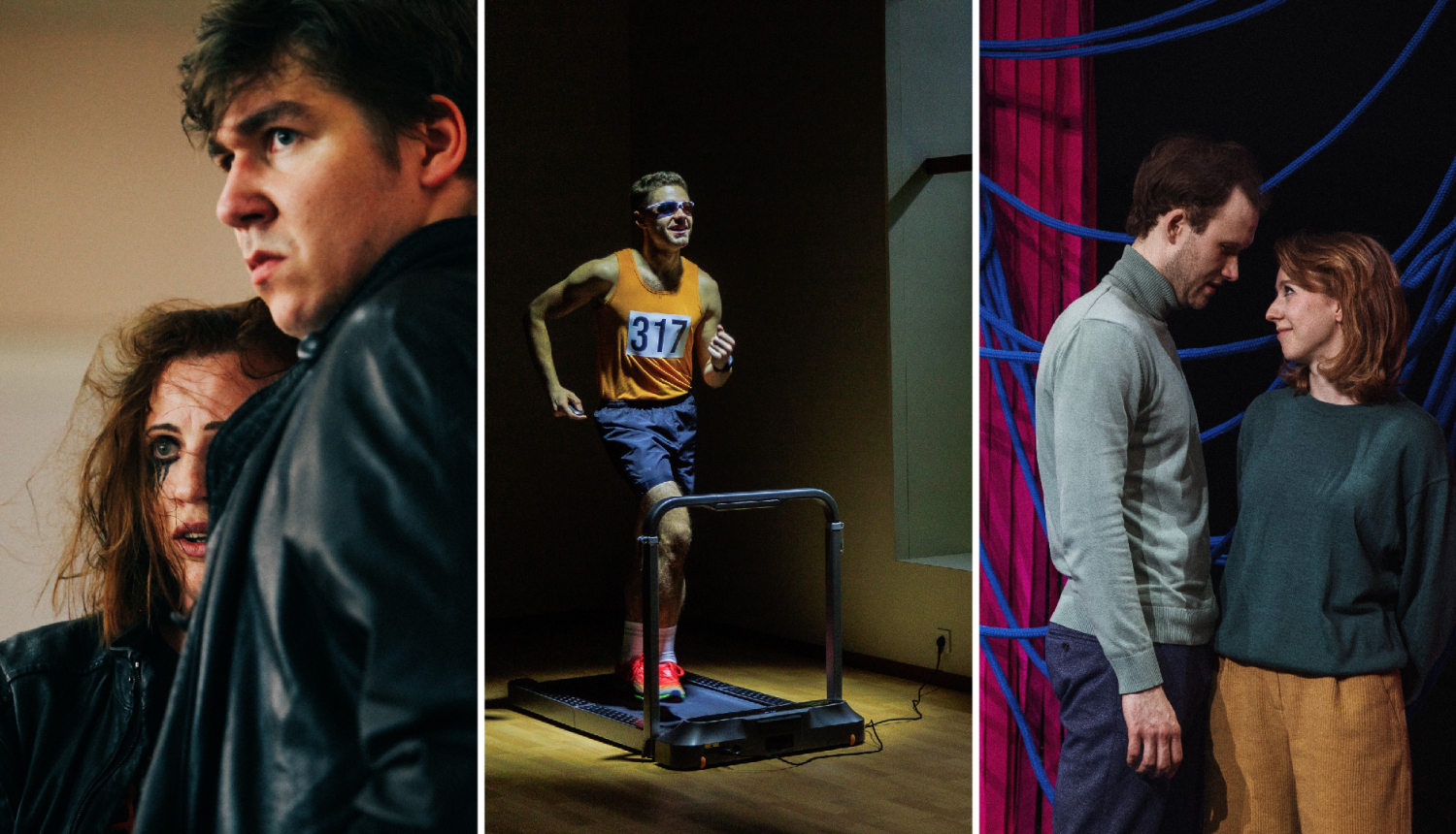 Kolāža no izrāžu “Es arī te, kas man ir jādara”, “Daliņš” un “Četri balti krekli” fotogrāfijām, kurās redzami aktieri - galveno lomu atveidotāji