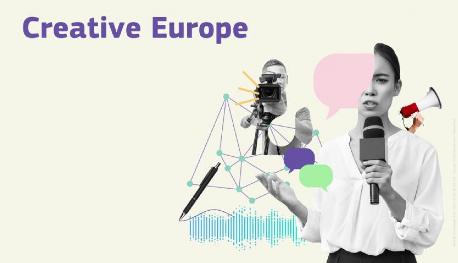 Radošās Eiropas starpnozaru atzara uzsaukumu vizuālais materiāls, kurā attēlota žurnāliste ar mikrofonu, žurnālists ar kameru, ģeometriskās figūras.