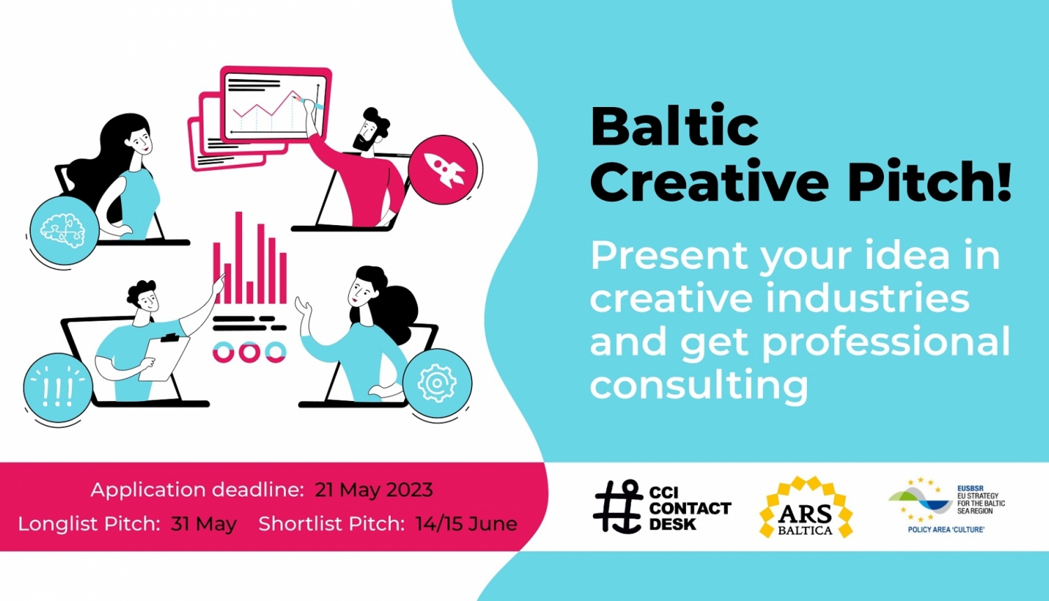 Uzsaukums ar grafiskiem zīmējumiem, teksts "Baltic Creative Pitch"