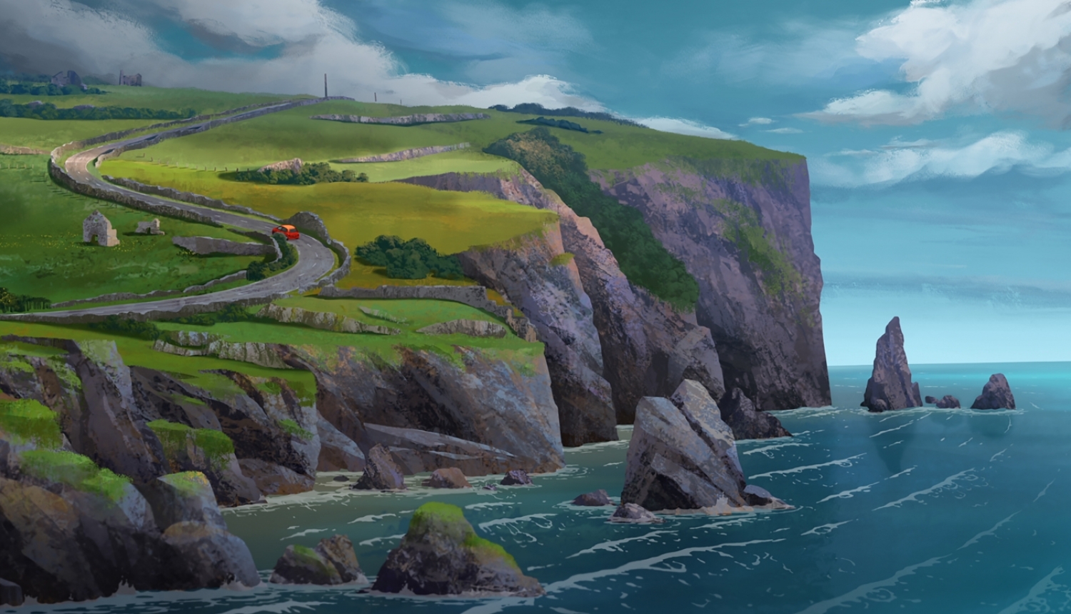 Animācijas filmas kadrs, ainava ar jūras krastu