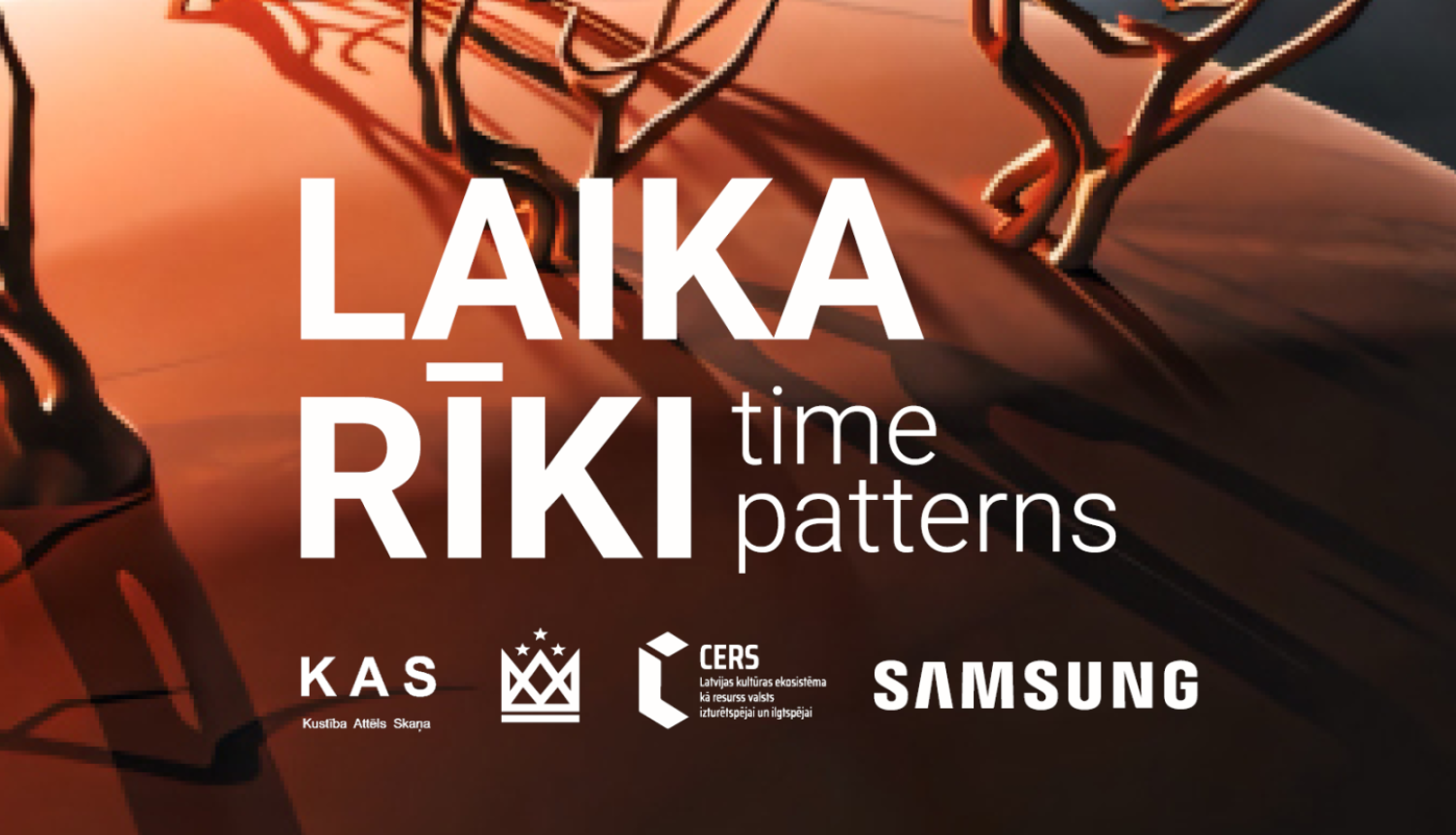 Izstādes afiša ar animācijas darba fragmentu un tekstu “Laika rīki”